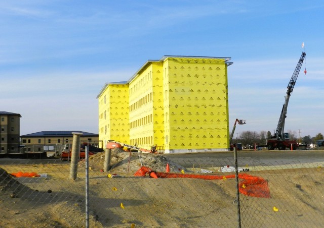 Contractors work on a new $27.3 million transient training troops barracks project, known as the Fort McCoy East Barracks Project, on March 3, 2025, at Fort McCoy, Wis. Contractors began in May 2024 getting the site set up for the fourth transient...