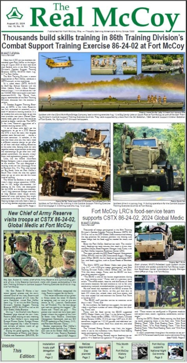 The Fort McCoy Public Affairs Office won an award for IMCOM Best Printed Publication for Category D: Printed Publication for 2024. The award was given for the Aug. 23, 2024, edition of The Real McCoy newspaper. This category is for printed...