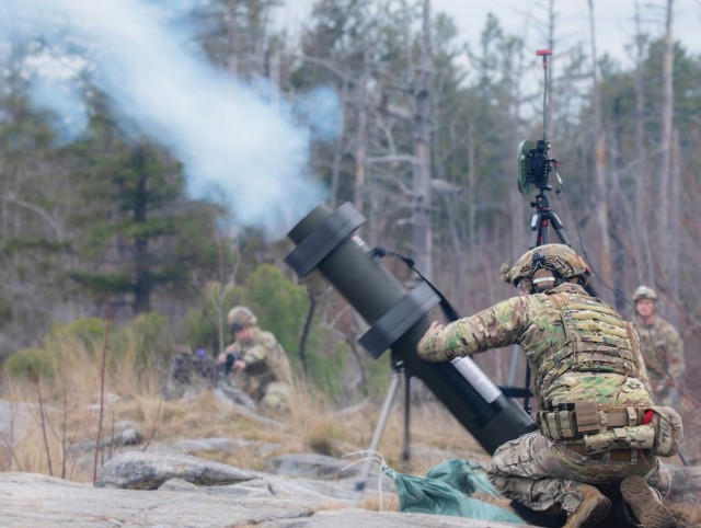 A Soldier assigned to the 19th Special Forces Group fires a Hero-120 loitering munition during a demonstration as part of Operation Summit Strike 24 on 20 November 2024 at Fort Drum, NY.