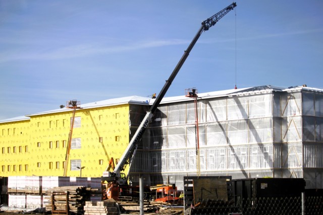 Contractors work on a new $27.3 million transient training troops barracks project, known as the Fort McCoy East Barracks Project, on March 12, 2025, at Fort McCoy, Wis. Contractors began in May 2024 getting the site set up for the fourth...