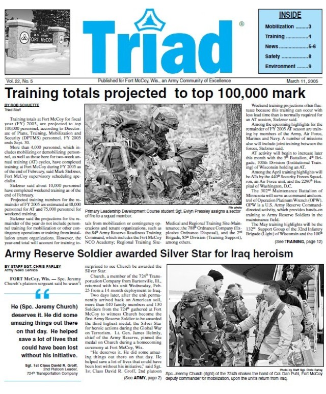 This is a news clipping from the March 11, 2005, edition of The Triad newspaper at Fort McCoy, Wis. During that time, the installation was continuing its mission training service members largely from the Army Reserve and National Guard. (U.S. Army...