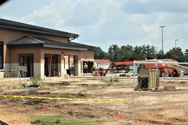Contractors work on a new 1,428-person annual training/mobilization dining facility July 24, 2019, in the 1800 block at Fort McCoy, Wis. The project, coordinated by the U.S. Army Corps of Engineers, is being constructed by contractor L.S. Black...