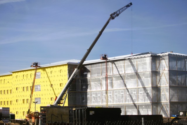 Contractors work on a new $27.3 million transient training troops barracks project, known as the Fort McCoy East Barracks Project, on March 12, 2025, at Fort McCoy, Wis. Contractors began in May 2024 getting the site set up for the fourth...