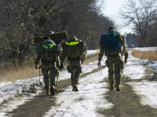 ROTC cadets with an Army ROTC unit participate in the Northern Warfare Challenge on Feb. 21, 2025, at Fort McCoy, Wis. There were 54 teams competing in the challenge from universities and colleges all over the United States. At Fort McCoy, cadets...