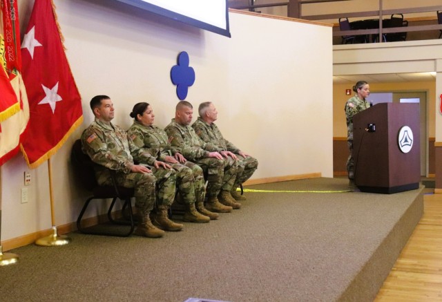 A scene from a patching ceremony held March 13, 2025, is shown in building 905 at Fort McCoy, Wis. Soldiers with U.S. Army Garrison-Fort McCoy traded out the Army Materiel Command patches on their uniforms for the blue clover patch of the 88th...