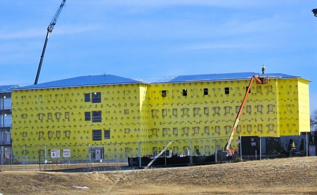 Contractors work on a new $27.3 million transient training troops barracks project, known as the Fort McCoy East Barracks Project, on March 10, 2025, at Fort McCoy, Wis. Contractors began in May 2024 getting the site set up for the fourth...