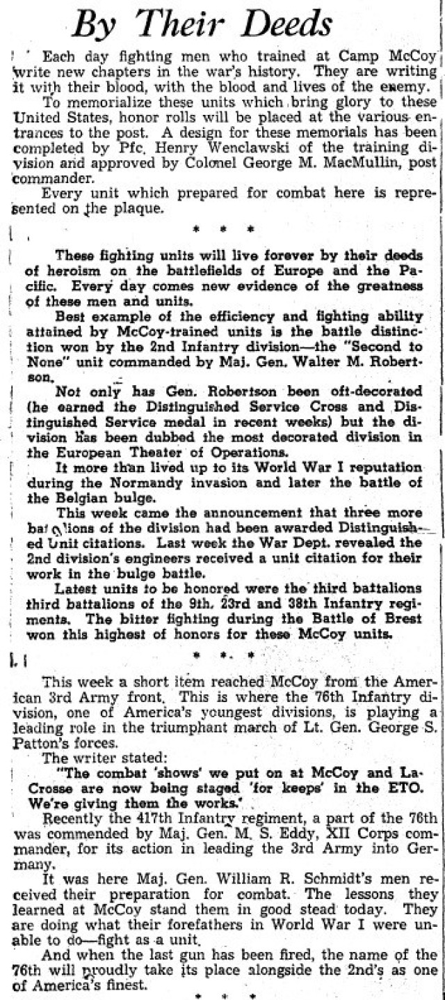 This is a news clipping from the March 24, 1945, edition of The Real McCoy newspaper at Fort McCoy, Wis. During that time, the installation was busy preparing service members for fighting in World War II. (U.S. Army Historical Photo)