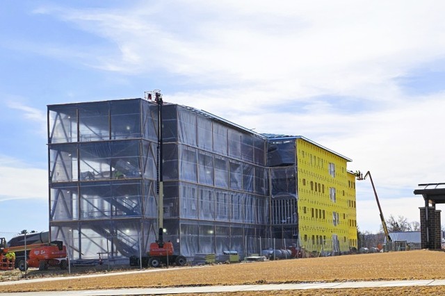 Contractors work on a new $27.3 million transient training troops barracks project, known as the Fort McCoy East Barracks Project, on March 10, 2025, at Fort McCoy, Wis. Contractors began in May 2024 getting the site set up for the fourth...