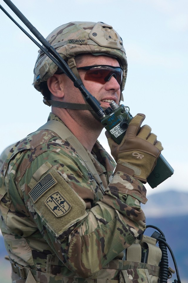 A U.S. Army Alaska Soldier coordinates with aviation assets during a Pathfinder Course in 2019.