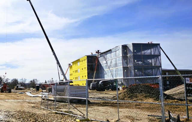 Contractors work on a new $27.3 million transient training troops barracks project, known as the Fort McCoy East Barracks Project, on March 10, 2025, at Fort McCoy, Wis. Contractors began in May 2024 getting the site set up for the fourth...