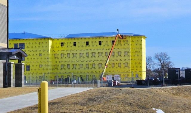 Contractors work on a new $27.3 million transient training troops barracks project, known as the Fort McCoy East Barracks Project, on March 10, 2025, at Fort McCoy, Wis. Contractors began in May 2024 getting the site set up for the fourth...