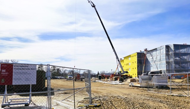 Contractors work on a new $27.3 million transient training troops barracks project, known as the Fort McCoy East Barracks Project, on March 10, 2025, at Fort McCoy, Wis. Contractors began in May 2024 getting the site set up for the fourth...