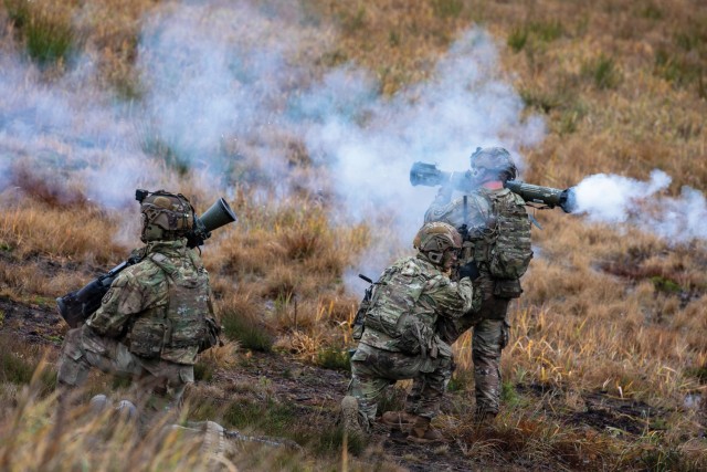 Infantry Soldiers in the 3rd Brigade Combat Team, 10th Mountain Division fire anti-tank rounds during a live-fire exercise in Estonia on 13 November 2024.