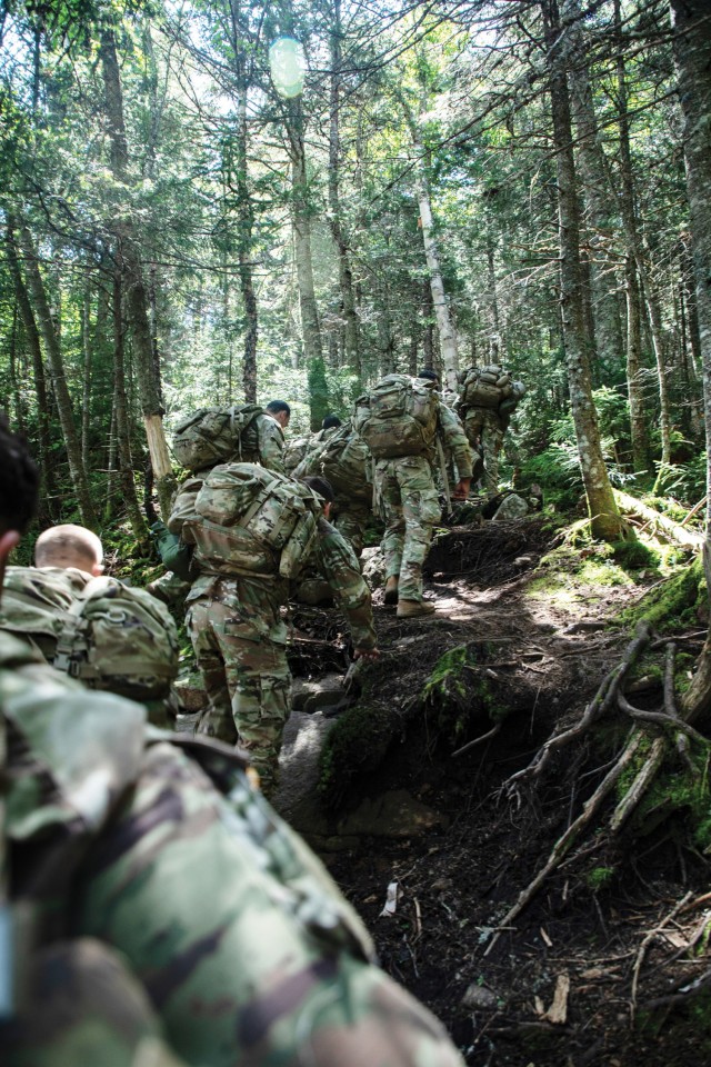 Soldiers from across the 10th Mountain Division climb Lower Wolfjaw Mountain during the Warrior Alpine Readiness Week Adirondack lane near the Adirondack Mountain Range, Aug. 8, 2024. WAR Week, an event spanning over multiple days, honored the...
