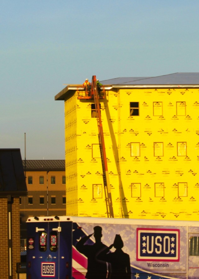 Contractors work on a new $27.3 million transient training troops barracks project, known as the Fort McCoy East Barracks Project, on March 13, 2025, at Fort McCoy, Wis. Contractors began in May 2024 getting the site set up for the fourth...
