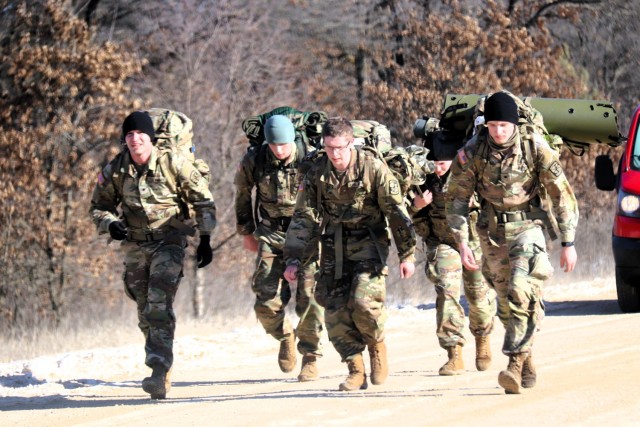 ROTC cadets compete in the Northern Warfare Challenge on Feb. 21, 2025, at Fort McCoy, Wis. ROTC teams with U.S. Army Cadet Command came from all around the United States as they battled through a wide variety of challenges and long ruck marching...