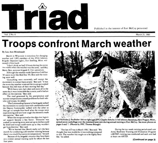 This is a news clipping from the March 21, 1985, edition of The Triad newspaper at Fort McCoy, Wis. During that time, the installation was continuing its mission training service members largely from the Army Reserve and National Guard. (U.S. Army...