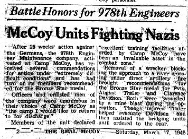 This is a news clipping from the March 17, 1945, edition of The Real McCoy newspaper at Fort McCoy, Wis. During that time, the installation was busy preparing service members for fighting in World War II. (U.S. Army Historical Photo)