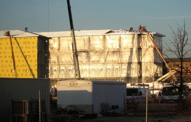 Contractors work on a new $27.3 million transient training troops barracks project, known as the Fort McCoy East Barracks Project, on March 13, 2025, at Fort McCoy, Wis. Contractors began in May 2024 getting the site set up for the fourth...
