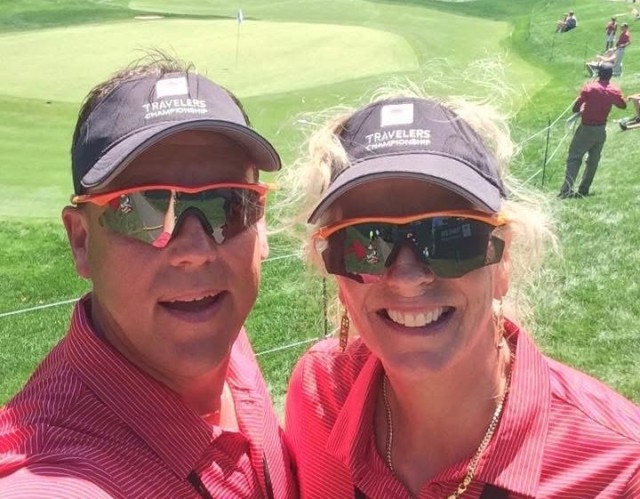Annemieke Anderson and husband Kevin volunteer at PGA golf events around the world, including the Travelers Championship in Connecticut.
