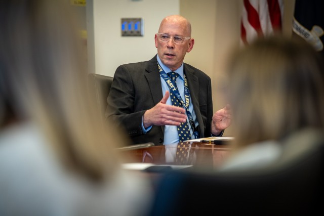 Charles J. Westgate III, Chief, Talent Management Division, G-1, goes over the Surface Deployment and Distribution Command Mentorship Program outline and program goals with mentors and mentees during a kick-off briefing March 18, 2025 at Scott Air...