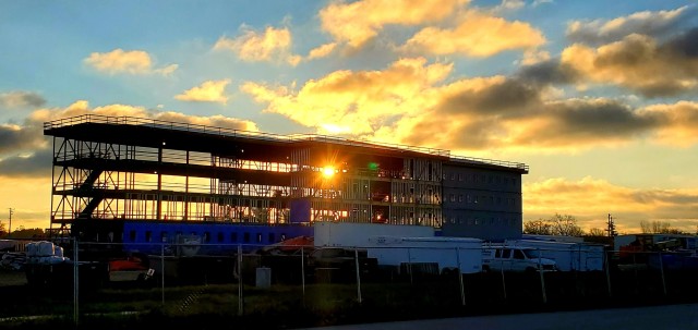An area of the 1600 block of the cantonment area of the installation is shown Nov. 11, 2020, at sunrise where a new multi-million dollar barracks is being built at Fort McCoy, Wis. Contractor L.S. Black Constructors was awarded a $20.6 million...