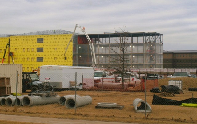 Contractors work on a new $27.3 million transient training troops barracks project, known as the Fort McCoy East Barracks Project, on March 3, 2025, at Fort McCoy, Wis. Contractors began in May 2024 getting the site set up for the fourth transient...