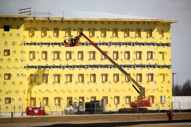 Contractors work on a new $27.3 million transient training troops barracks project, known as the Fort McCoy East Barracks Project, on March 18, 2025, at Fort McCoy, Wis. Contractors began in May 2024 getting the site set up for the fourth...