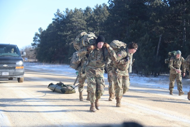 ROTC cadets compete in the Northern Warfare Challenge on Feb. 21, 2025, at Fort McCoy, Wis. ROTC teams with U.S. Army Cadet Command came from all around the United States as they battled through a wide variety of challenges and long ruck marching...