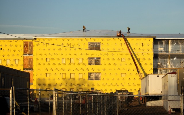 Contractors work on a new $27.3 million transient training troops barracks project, known as the Fort McCoy East Barracks Project, on March 13, 2025, at Fort McCoy, Wis. Contractors began in May 2024 getting the site set up for the fourth...