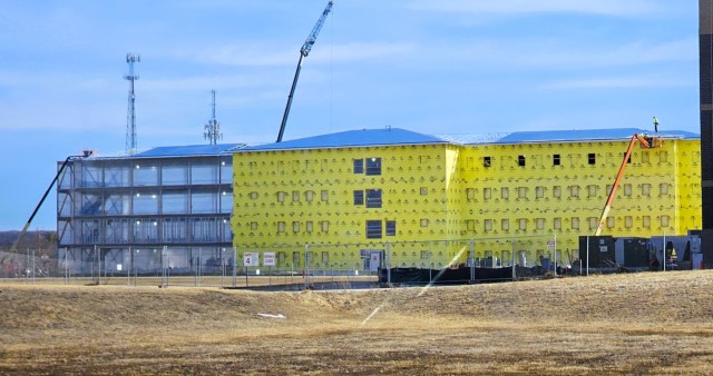 Contractors work on a new $27.3 million transient training troops barracks project, known as the Fort McCoy East Barracks Project, on March 10, 2025, at Fort McCoy, Wis. Contractors began in May 2024 getting the site set up for the fourth...