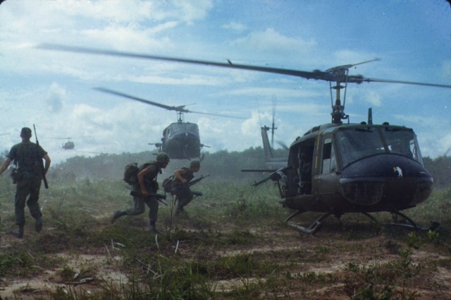 UH-1D helicopters airlift members of the 2nd Battalion, 14th Infantry Regiment to a new staging area during the 25th Infantry Division’s Operation Wahiawa northeast of Cu Chi, Vietnam, on 16 May 1966.