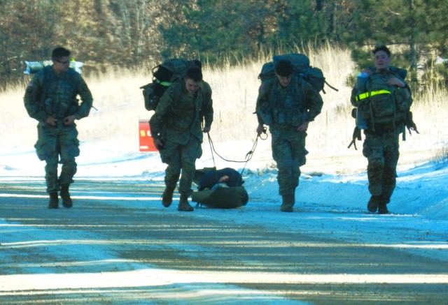 ROTC cadets with an Army ROTC unit participate in the Northern Warfare Challenge on Feb. 21, 2025, at Fort McCoy, Wis. There were 54 teams competing in the challenge from universities and colleges all over the United States. At Fort McCoy, cadets...