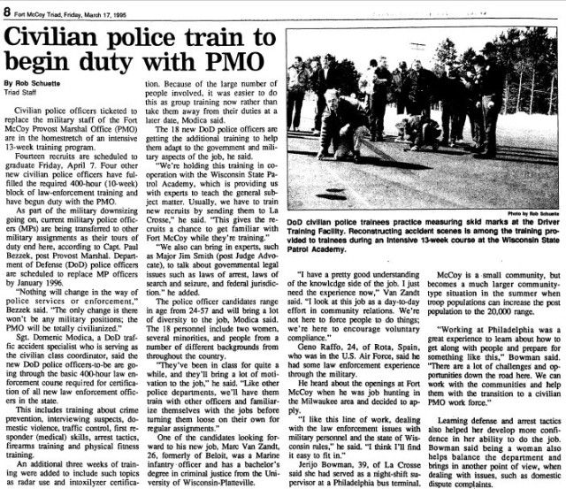 This is a news clipping from the March 17, 1995, edition of The Triad newspaper at Fort McCoy, Wis. During that time, the installation was continuing its mission training service members largely from the Army Reserve and National Guard. (U.S. Army...