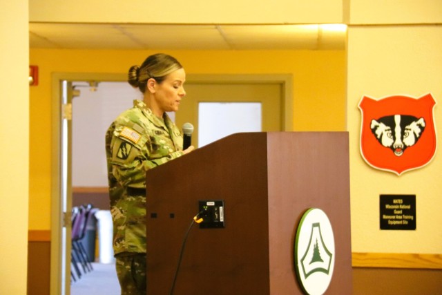 A scene from a patching ceremony held March 13, 2025, is shown in building 905 at Fort McCoy, Wis. Soldiers with U.S. Army Garrison-Fort McCoy traded out the Army Materiel Command patches on their uniforms for the blue clover patch of the 88th...