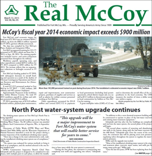 This is a news clipping from the March 13, 2015, edition of The Real McCoy newspaper at Fort McCoy, Wis. During that time, the installation was continuing its mission training service members largely from the Army Reserve and National Guard. (U.S....