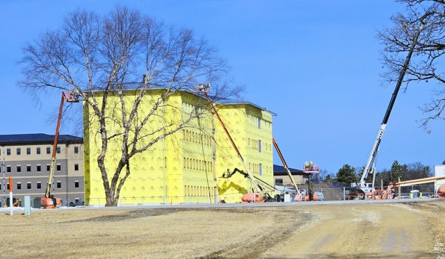 Contractors work on a new $27.3 million transient training troops barracks project, known as the Fort McCoy East Barracks Project, on March 10, 2025, at Fort McCoy, Wis. Contractors began in May 2024 getting the site set up for the fourth...