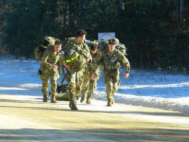 ROTC cadets with an Army ROTC unit participate in the Northern Warfare Challenge on Feb. 21, 2025, at Fort McCoy, Wis. There were 54 teams competing in the challenge from universities and colleges all over the United States. At Fort McCoy, cadets...