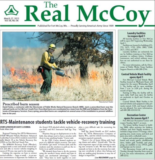 This is a news clipping from the March 27, 2015, edition of The Real McCoy newspaper at Fort McCoy, Wis. During that time, the installation was continuing its mission training service members largely from the Army Reserve and National Guard. (U.S....