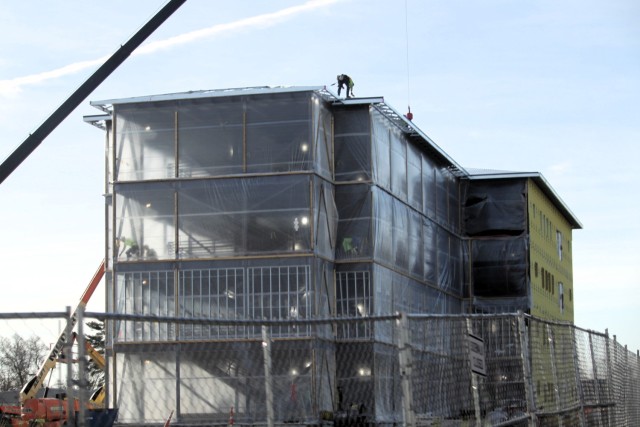 Contractors work on a new $27.3 million transient training troops barracks project, known as the Fort McCoy East Barracks Project, on March 12, 2025, at Fort McCoy, Wis. Contractors began in May 2024 getting the site set up for the fourth...