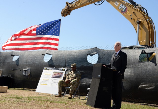 Kansas Sen. Jerry Moran delivers remarks following fellow speaker Combined Arms Center and Fort Leavenworth Commanding General Lt. Gen. Milford Beagle Jr., left, during the groundbreaking ceremony for a new Child Development Center March 20, 2025,...