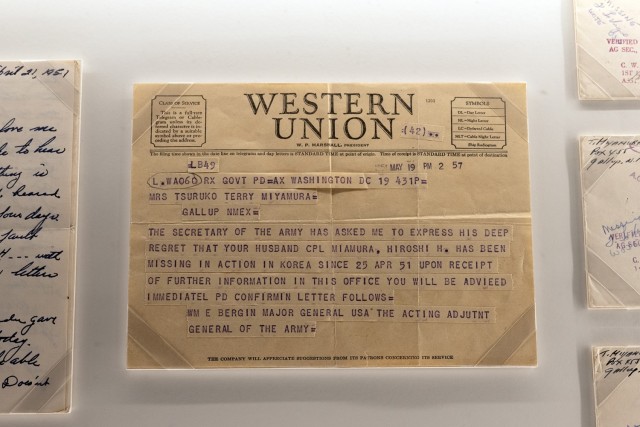 A telegram informs the family of Army Cpl. Hiroshi Miyamura of his capture during the Korean War. The telegram is on display at the National Medal of Honor Museum in Arlington, Texas, on March 6, 2025. News about Miyamura’s Medal of Honor was...