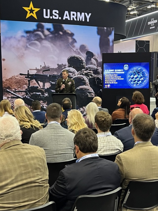 Brig. Gen. Allen Pepper, commander of the U.S. Army Security Assistance Command, discusses the unprecedented surge in America’s partners purchasing U.S. military hardware during the 2025 AUSA Global Forces Symposium and Expo March 25 at the Von...