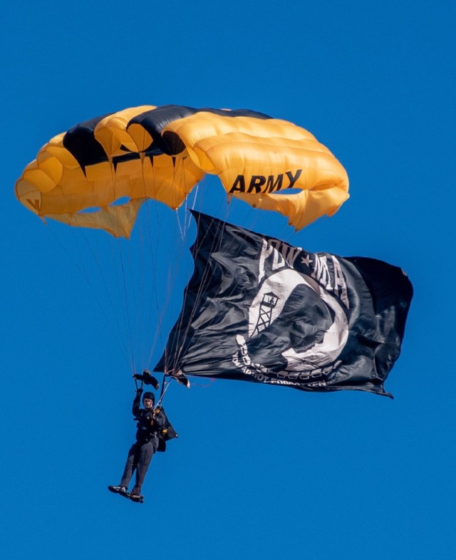 Staff Sgt. Ben Hall is the first Golden Knight to jump at the 247th Army Birthday celebration at Redstone in June 2022.