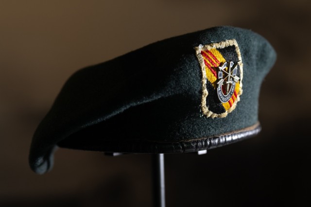 A Green Beret worn by Medal of Honor recipient Army Master Sgt. Raul Perez &#34;Roy&#34; Benavidez is on display at the Medal of Honor Museum in Arlington, Texas, on March 6, 2025. (DoD photo by EJ Hersom)