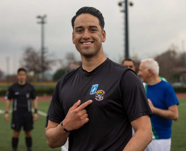 During March 22 soccer match featuring Soldiers from the 173rd Airborne Brigade against local Italian mayors as part of a Community Alliance Partnership event on Caserma Del Din in Vicenza, Italy.