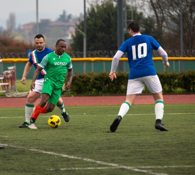 During March 22 soccer match featuring Soldiers from the 173rd Airborne Brigade against local Italian mayors as part of a Community Alliance Partnership event on Caserma Del Din in Vicenza, Italy.