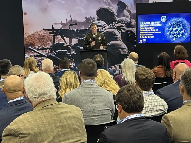 Brig. Gen. Allen Pepper, commander of the U.S. Army Security Assistance Command, discusses the unprecedented surge in America’s partners purchasing U.S. military hardware during the 2025 AUSA Global Forces Symposium and Expo March 25 at the Von...