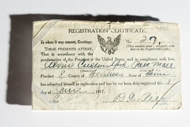 The draft card of Medal of Honor Recipient Army Sgt. Alvin Cullium York is on display at the National Medal of Honor Museum in Arlington, Texas, on March 6, 2025. (DoD photo by EJ Hersom)