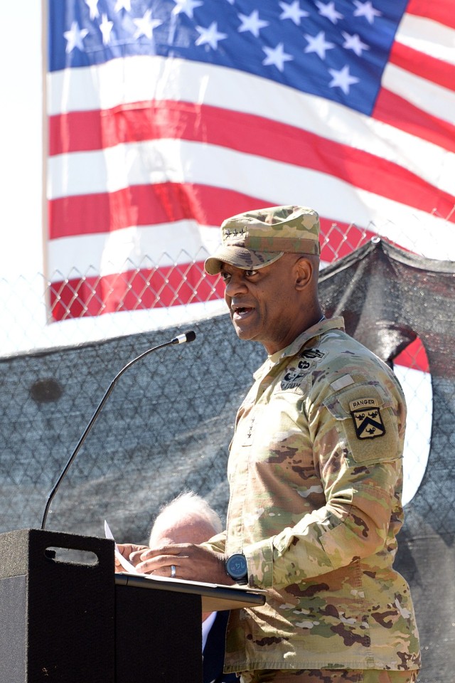 Combined Arms Center and Fort Leavenworth Commanding General Lt. Gen. Milford Beagle Jr. delivers remarks during the groundbreaking ceremony for a new Child Development Center March 20, 2025, at Fort Leavenworth, Kansas. Beagle shared a story from...